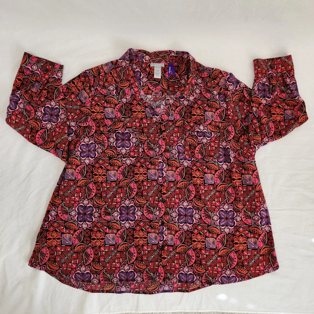 CATHERINES Multicolor AbstractPrint Full Button Down Shirt PLUS PETITE Size 3XWP - Picture 6 of 14